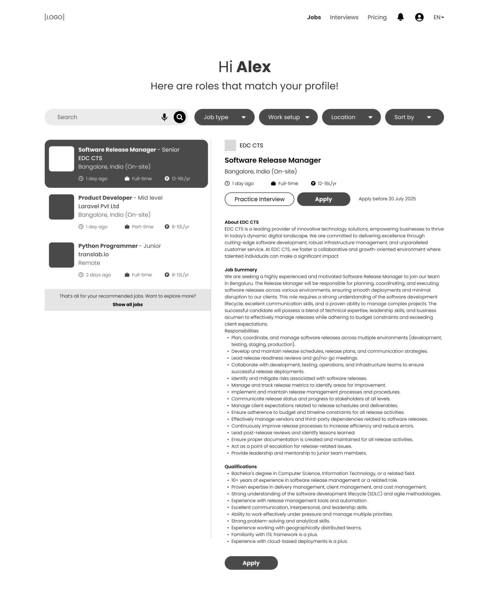 Job discovery wireframe