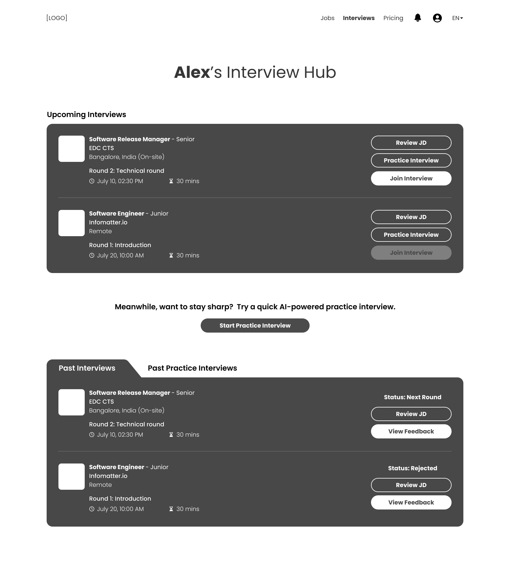 Interview hub wireframe